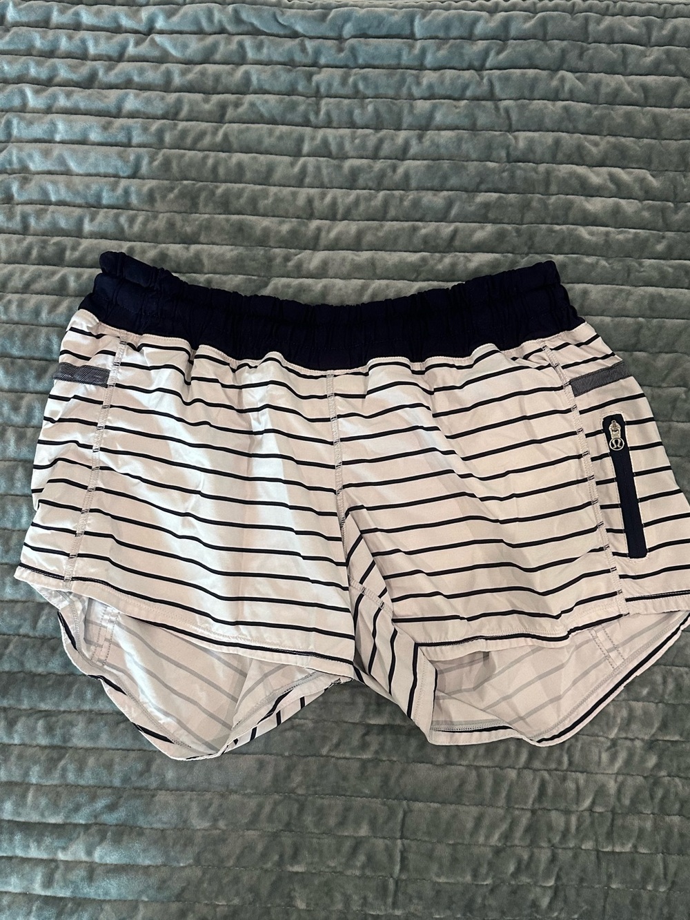 lululemon athletica Women's White and Navy Striped Athletic Shorts